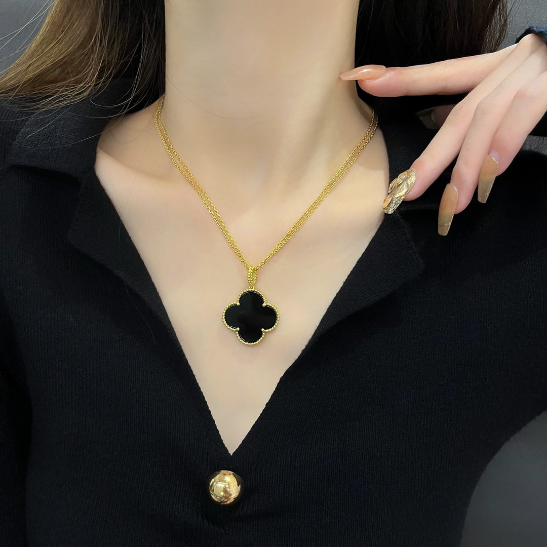 [Panda Jewelry]CLOVER 25MM NECKLACE GOLD ONYX
