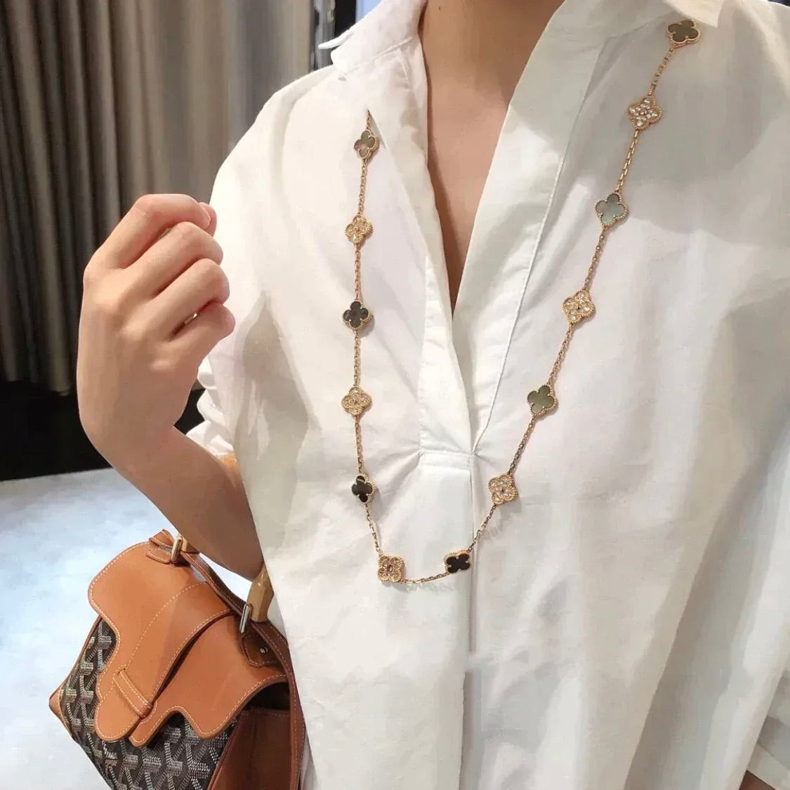 [Panda Jewelry]CLOVER 20 MOTIFS DARK MOP DIAMOND  NECKLACE