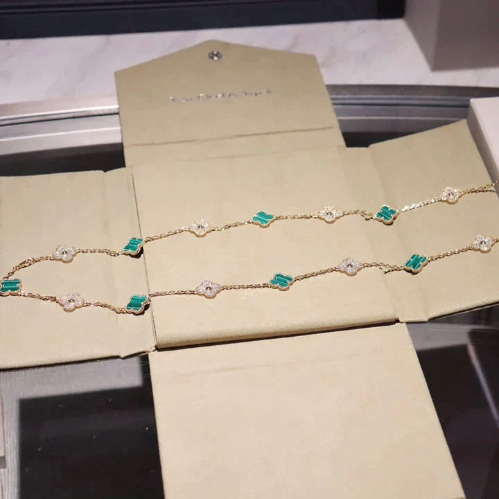 [Panda Jewelry]CLOVER 20 MOTIFS MALACHITE DIAMOND NECKLACE