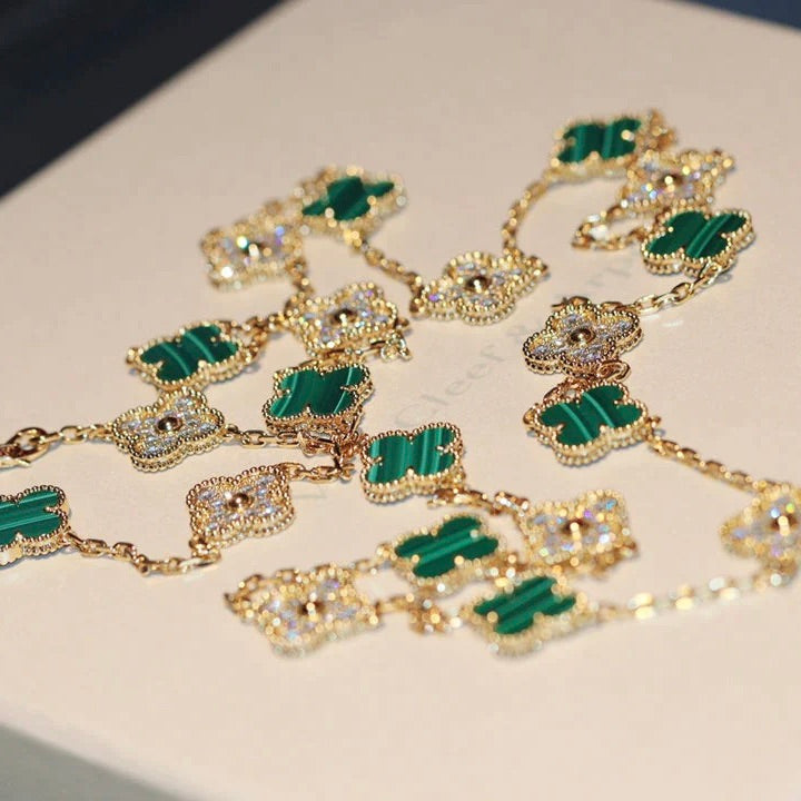 [Panda Jewelry]CLOVER 20 MOTIFS MALACHITE DIAMOND NECKLACE