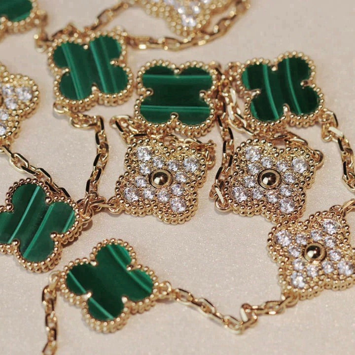 [Panda Jewelry]CLOVER 20 MOTIFS MALACHITE DIAMOND NECKLACE