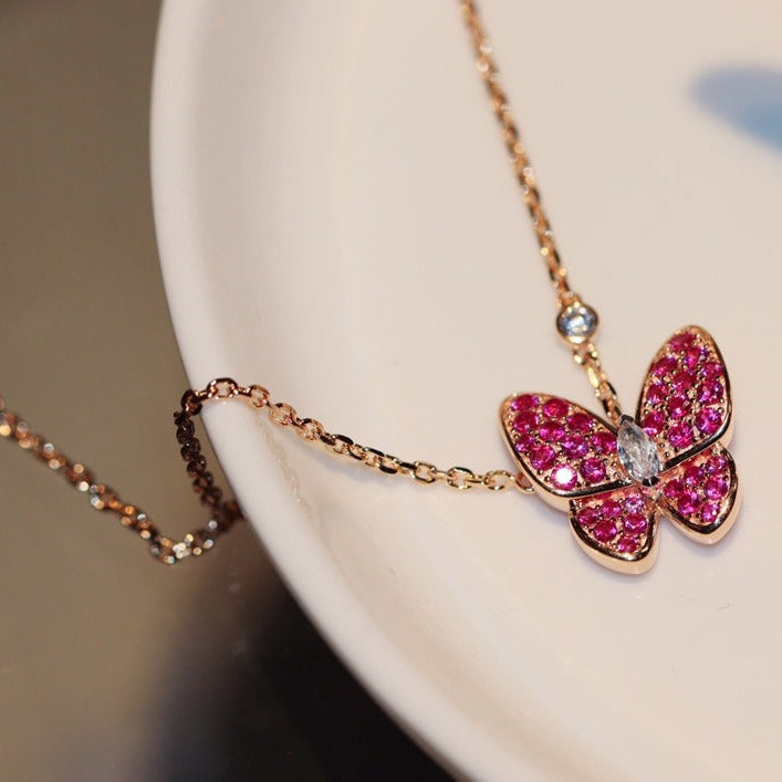 [Panda Jewelry]BUTTERFLY RED DIAMOND ROSE GOLD NECKLACE