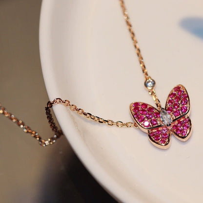 [Panda Jewelry]BUTTERFLY RED DIAMOND ROSE GOLD NECKLACE