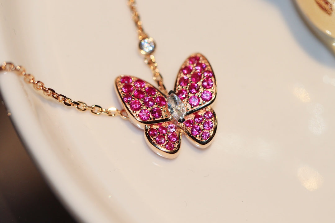 [Panda Jewelry]BUTTERFLY RED DIAMOND ROSE GOLD NECKLACE