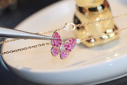 [Panda Jewelry]BUTTERFLY RED DIAMOND ROSE GOLD NECKLACE