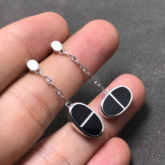 [Panda Jewelry]CHAINE VERSO BLACK CERAMIC SILVER EARRINGS