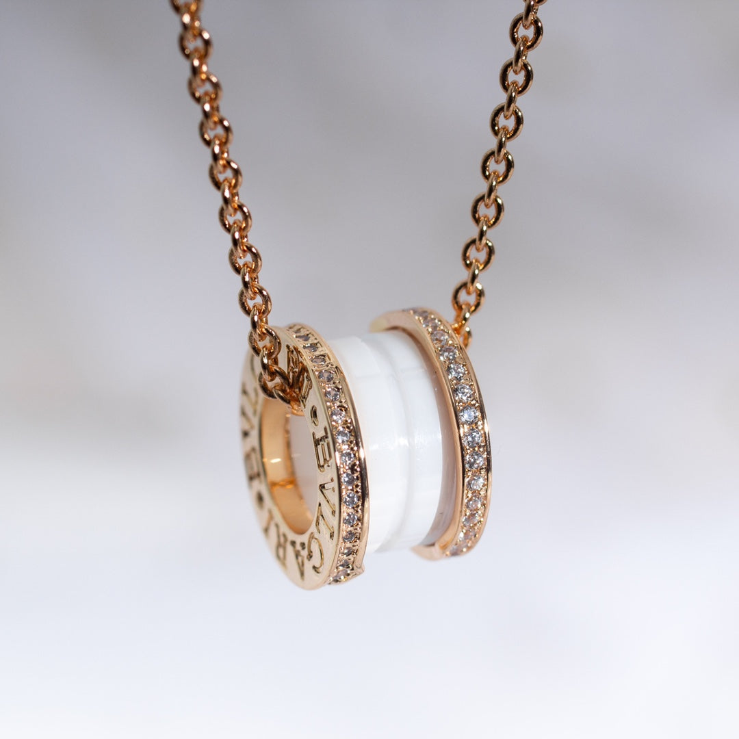 [Panda Jewelry]ZERO 1 WHITE CERAMIC PINK GOLD DIAMOND NECKLACE