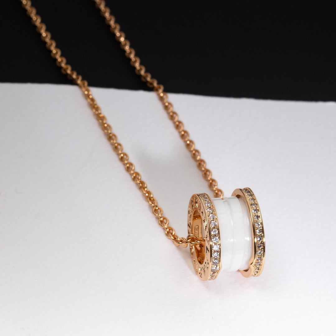 [Panda Jewelry]ZERO 1 WHITE CERAMIC PINK GOLD DIAMOND NECKLACE