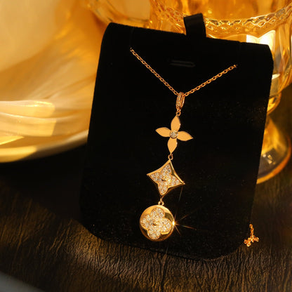 [Panda Jewelry]STAR AND SUN DIAMOND PINK GOLD NECKLACE