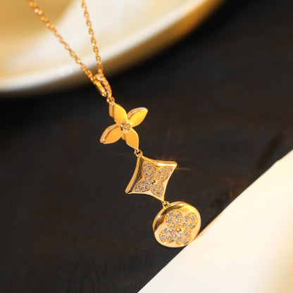 [Panda Jewelry]STAR AND SUN DIAMOND PINK GOLD NECKLACE