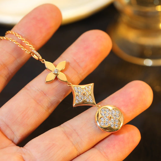 [Panda Jewelry]STAR AND SUN DIAMOND PINK GOLD NECKLACE