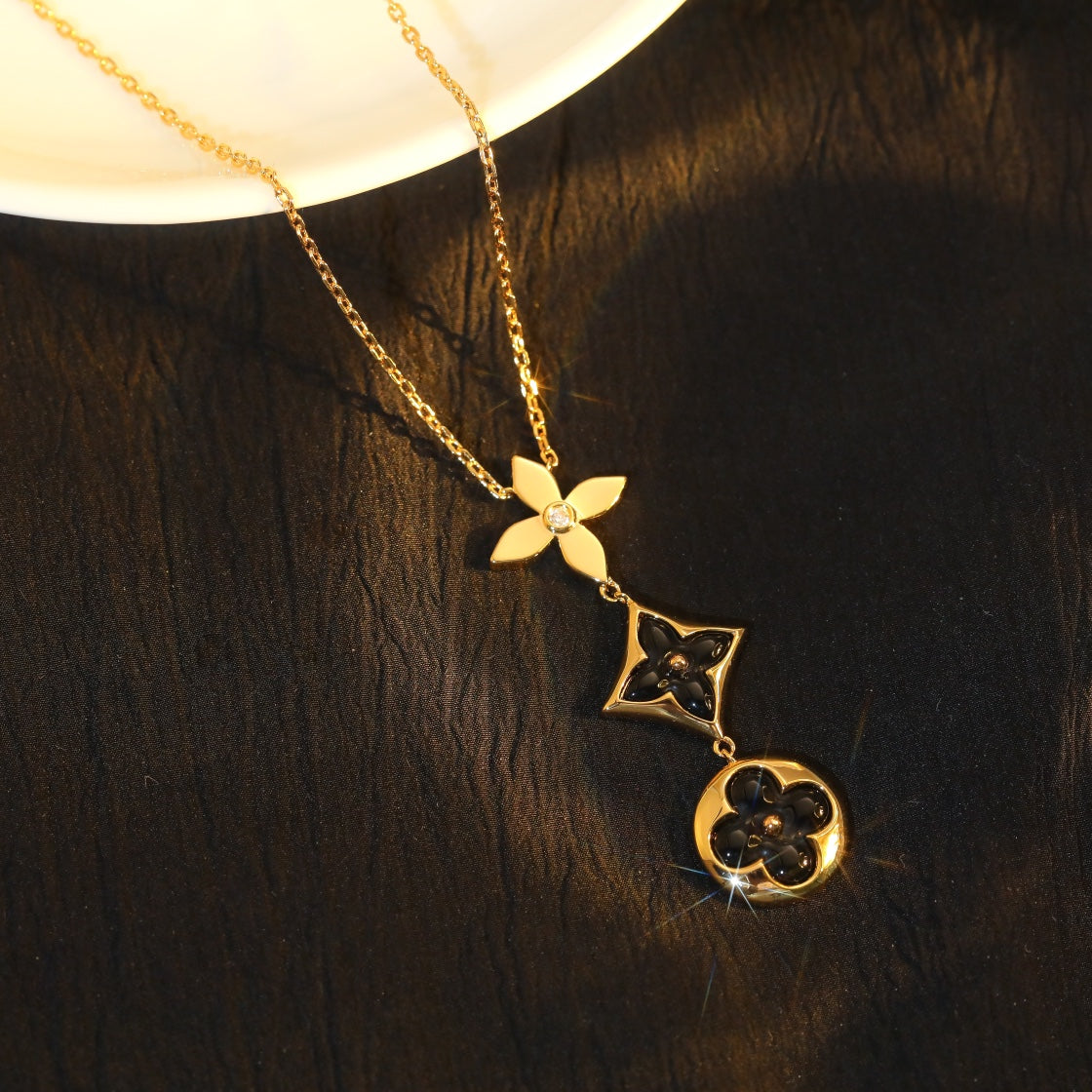 [Panda Jewelry]STAR AND SUN ONYX PINK GOLD NECKLACE