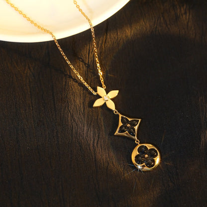 [Panda Jewelry]STAR AND SUN ONYX PINK GOLD NECKLACE
