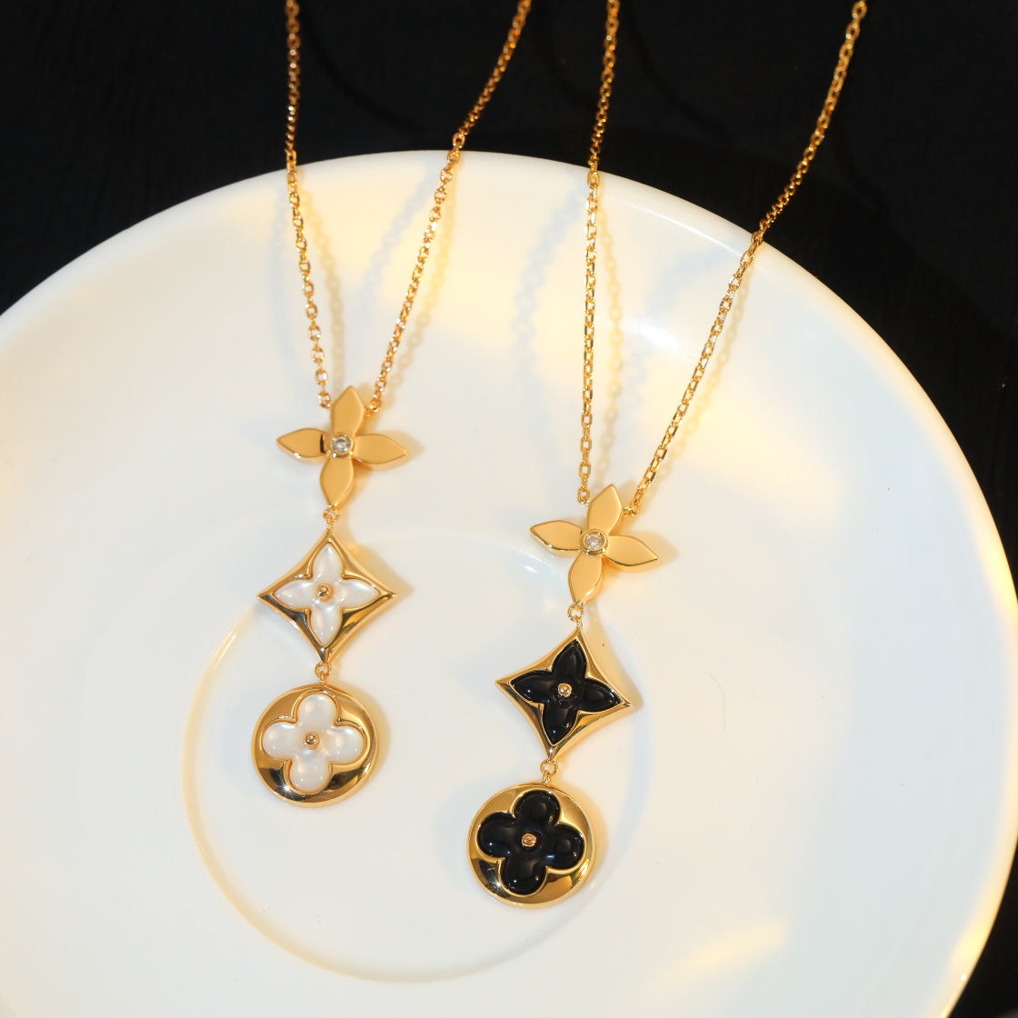 [Panda Jewelry]STAR AND SUN ONYX PINK GOLD NECKLACE