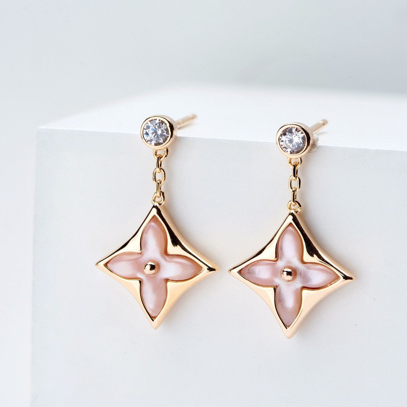[Panda Jewelry]DOUBLE STAR PINK GOLD MOP DROP EARRINGS