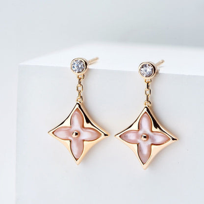 [Panda Jewelry]DOUBLE STAR PINK GOLD MOP DROP EARRINGS