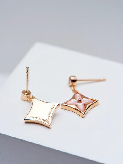 [Panda Jewelry]DOUBLE STAR PINK GOLD MOP DROP EARRINGS