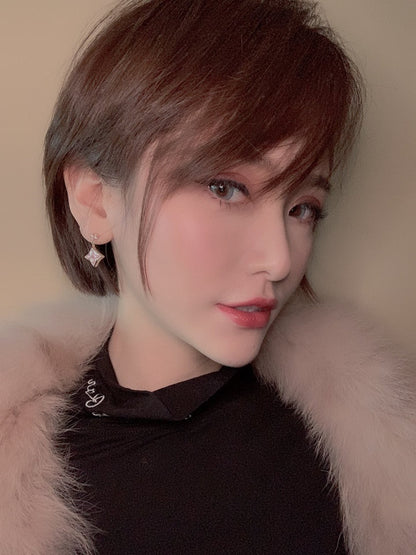 [Panda Jewelry]DOUBLE STAR PINK GOLD MOP DROP EARRINGS