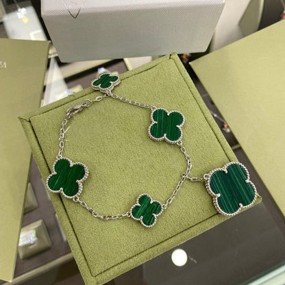 [Panda Jewelry]CLOVER 5 MOTIFS SIVLER MALACHITE BRACELET