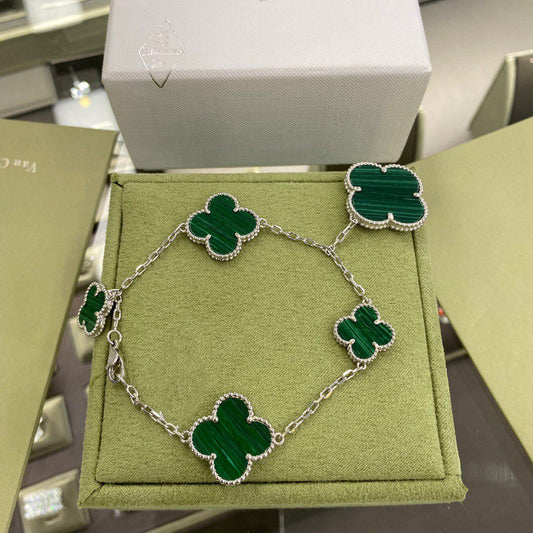 [Panda Jewelry]CLOVER 5 MOTIFS SIVLER MALACHITE BRACELET