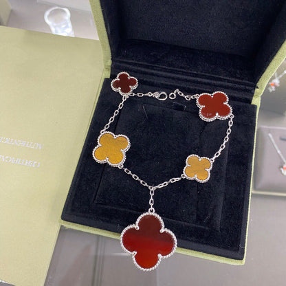 [Panda Jewelry]CLOVER 5 MOTIFS SIVLER CARNELIAN TIGER EYE BRACELET