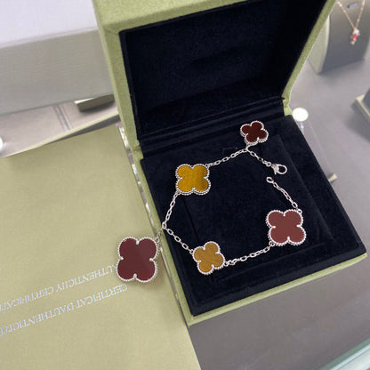 [Panda Jewelry]CLOVER 5 MOTIFS SIVLER CARNELIAN TIGER EYE BRACELET