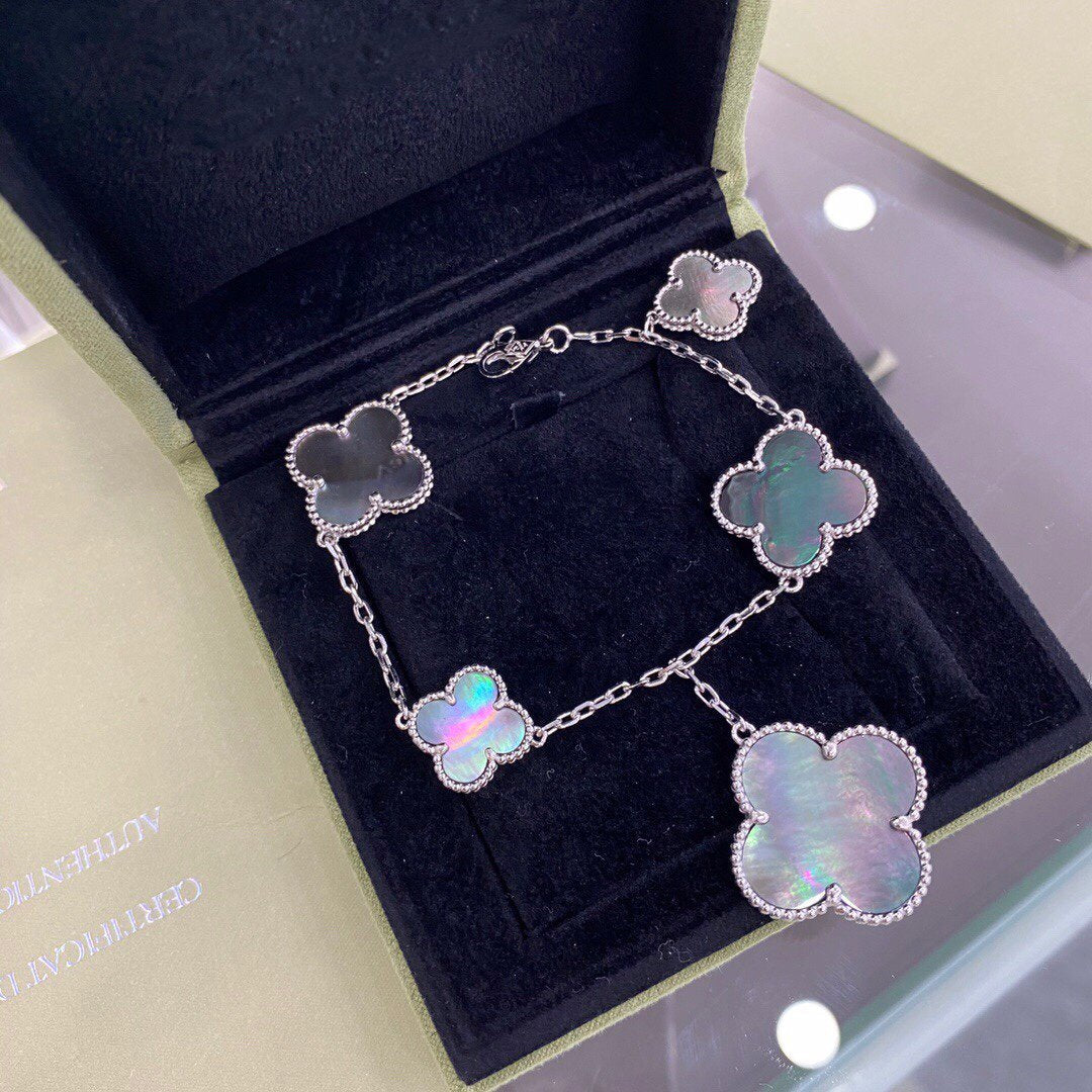 [Panda Jewelry]CLOVER 5 MOTIFS SIVLER DARK MOP BRACELET
