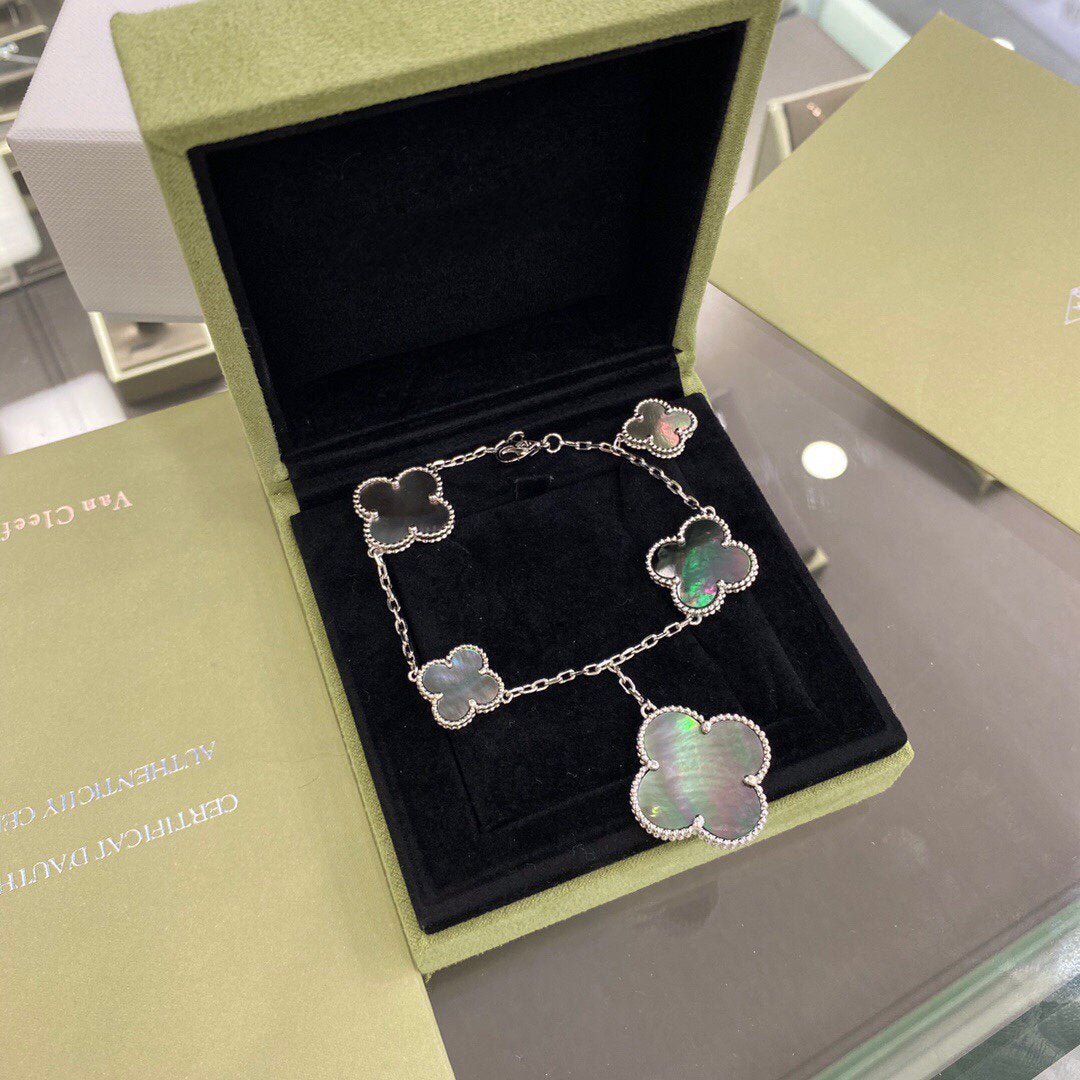 [Panda Jewelry]CLOVER 5 MOTIFS SIVLER DARK MOP BRACELET
