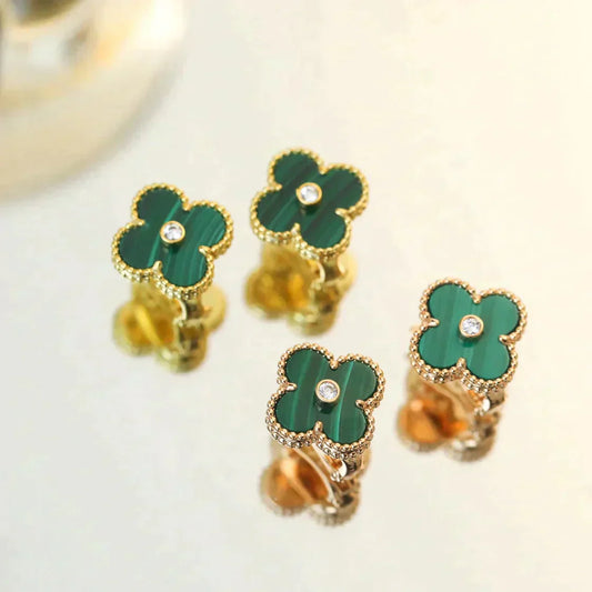 [Panda Jewelry]CLOVER MEDIUM 1 MOTIFS MALACHITE DIAMOND EARRINGS