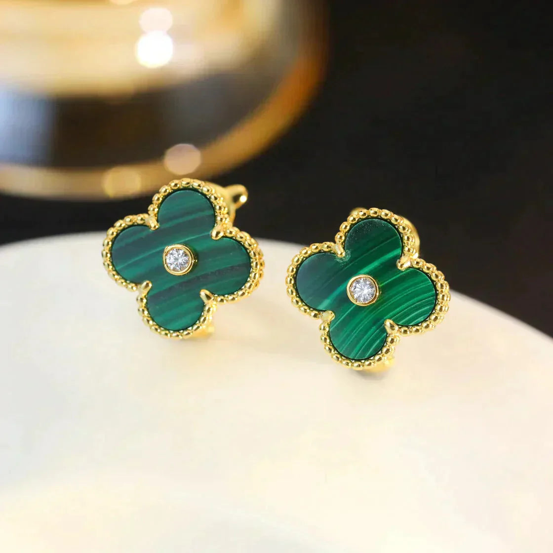 [Panda Jewelry]CLOVER MEDIUM 1 MOTIFS MALACHITE DIAMOND EARRINGS