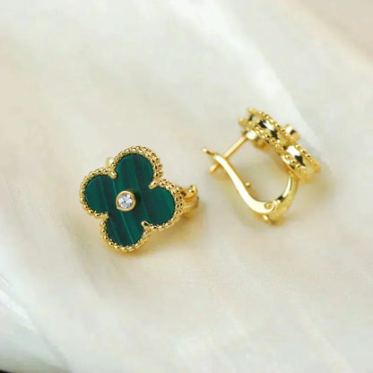 [Panda Jewelry]CLOVER MEDIUM 1 MOTIFS MALACHITE DIAMOND EARRINGS