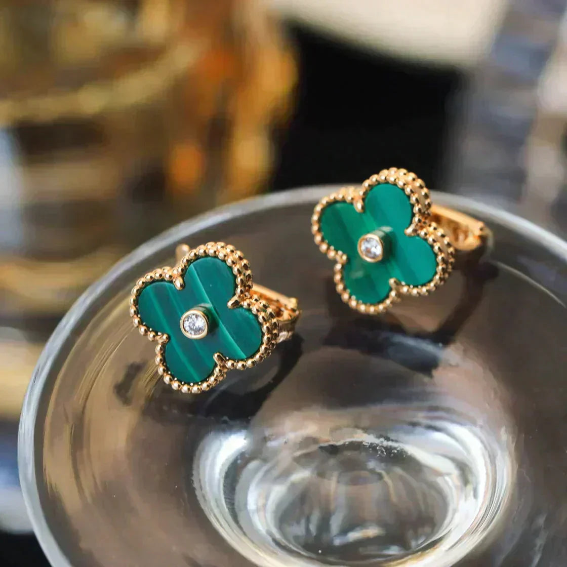 [Panda Jewelry]CLOVER MEDIUM 1 MOTIFS MALACHITE DIAMOND EARRINGS
