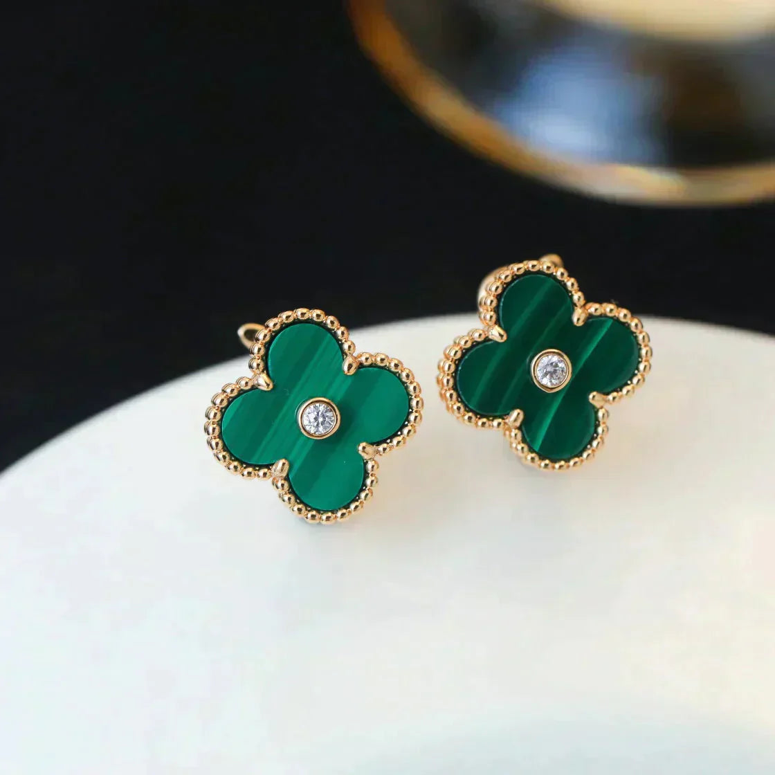 [Panda Jewelry]CLOVER MEDIUM 1 MOTIFS MALACHITE DIAMOND EARRINGS