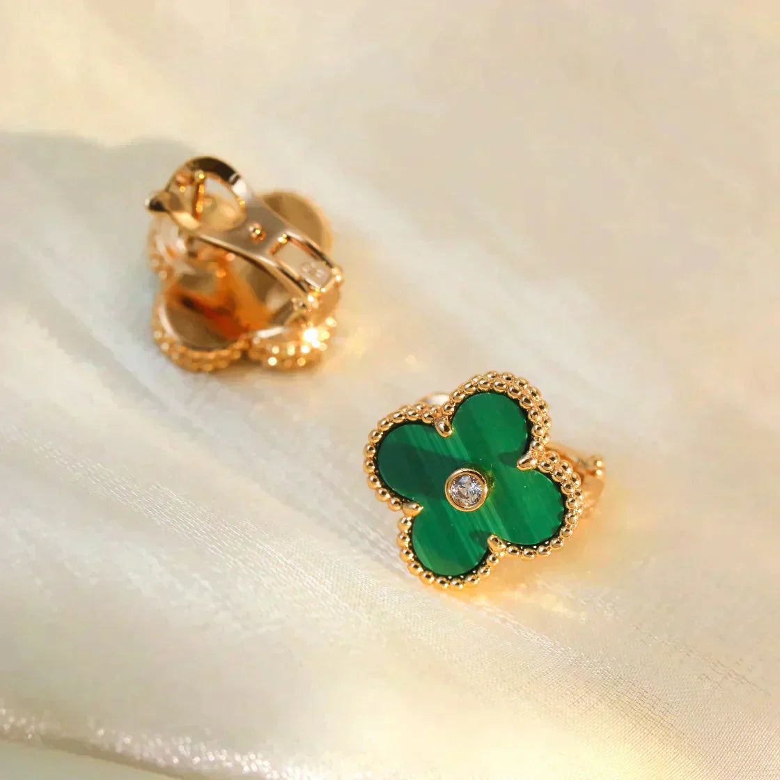 [Panda Jewelry]CLOVER MEDIUM 1 MOTIFS MALACHITE DIAMOND EARRINGS
