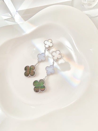 [Panda Jewelry]CLOVER 3 MOTIFS CHALCEDONY DARK MOP SILVER EARRINGS