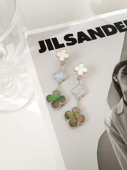 [Panda Jewelry]CLOVER 3 MOTIFS CHALCEDONY DARK MOP SILVER EARRINGS
