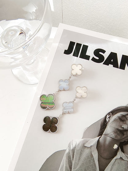 [Panda Jewelry]CLOVER 3 MOTIFS CHALCEDONY DARK MOP SILVER EARRINGS