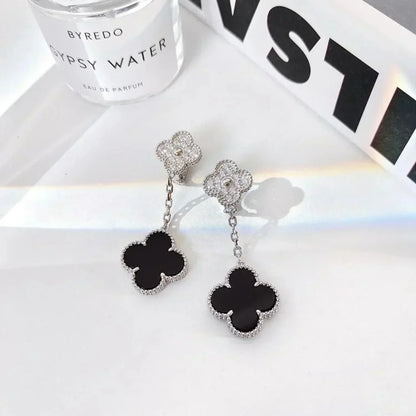[Panda Jewelry]CLOVER 2 MOTIFS  DIAMOND ONYX EARRINGS SILVER