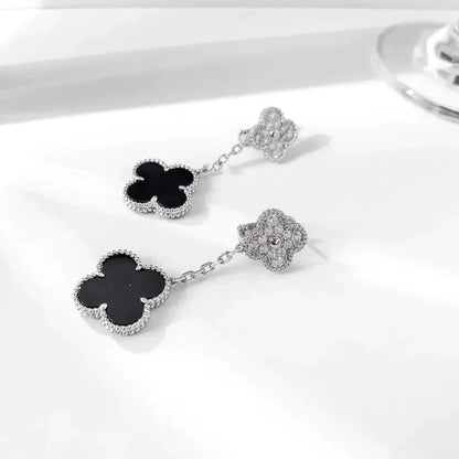 [Panda Jewelry]CLOVER 2 MOTIFS  DIAMOND ONYX EARRINGS SILVER
