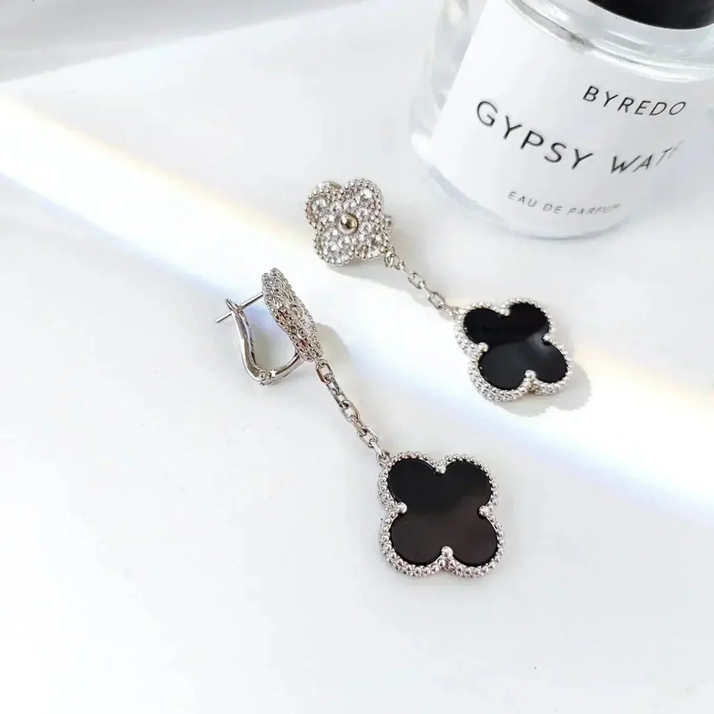 [Panda Jewelry]CLOVER 2 MOTIFS  DIAMOND ONYX EARRINGS SILVER