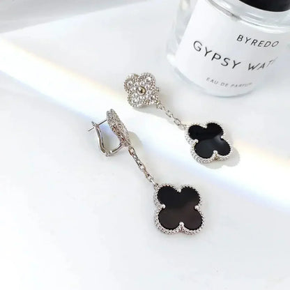 [Panda Jewelry]CLOVER 2 MOTIFS  DIAMOND ONYX EARRINGS SILVER