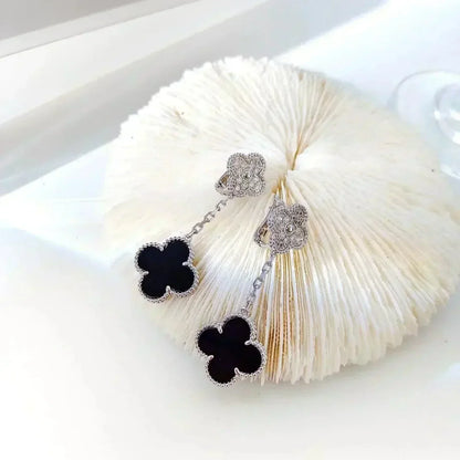 [Panda Jewelry]CLOVER 2 MOTIFS  DIAMOND ONYX EARRINGS SILVER