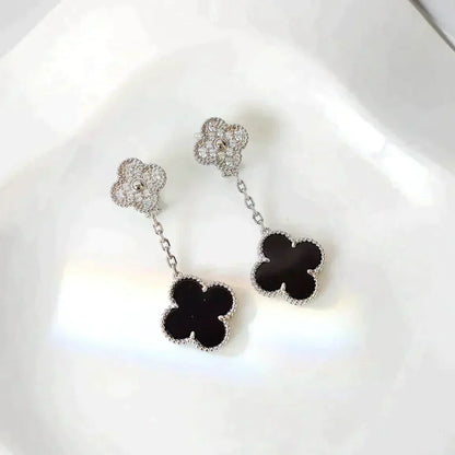 [Panda Jewelry]CLOVER 2 MOTIFS  DIAMOND ONYX EARRINGS SILVER