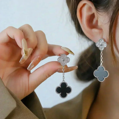 [Panda Jewelry]CLOVER 2 MOTIFS  DIAMOND ONYX EARRINGS SILVER