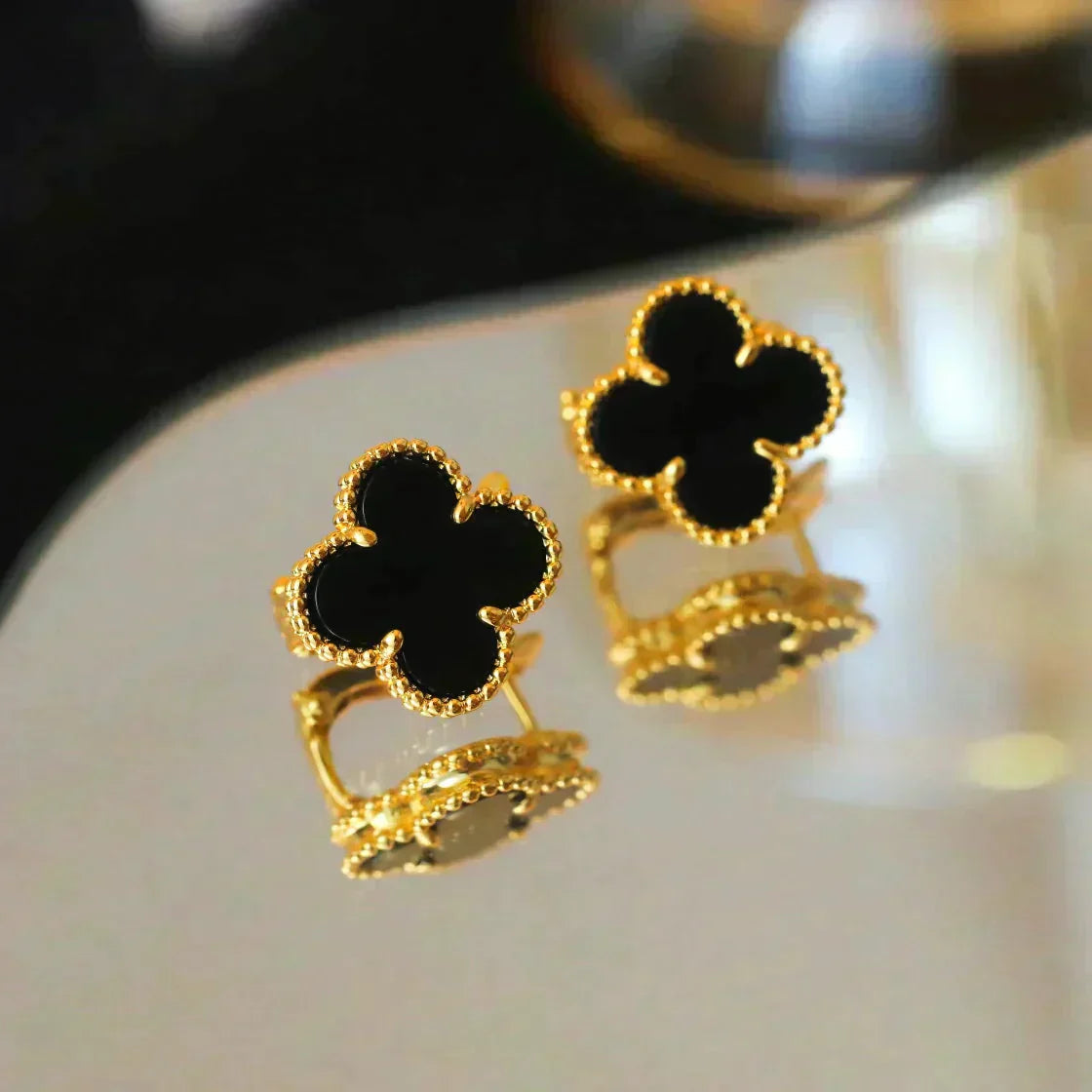 [Panda Jewelry]CLOVER MEDIUM 1 MOTIFS  ONYX STUD EARRINGS