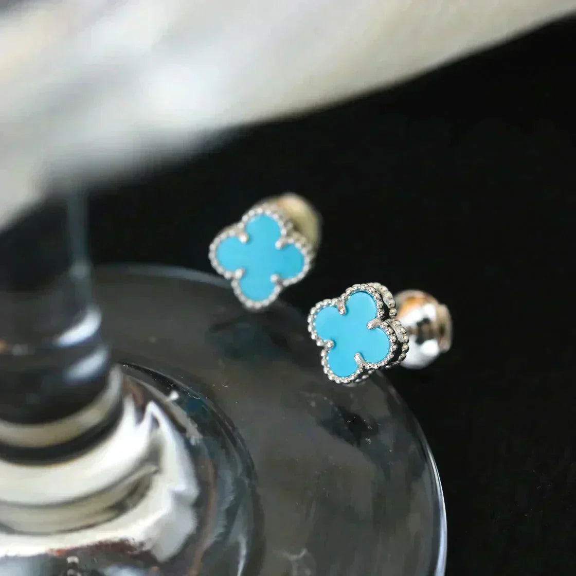 [Panda Jewelry]CLOVER MINI 9.5MM ONYX STUD EARRINGS SILVER