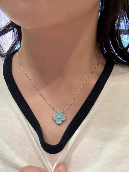 [Panda Jewelry]CLOVER 1 DIAMOND LIGHT BLUE SILVER NECKLACE