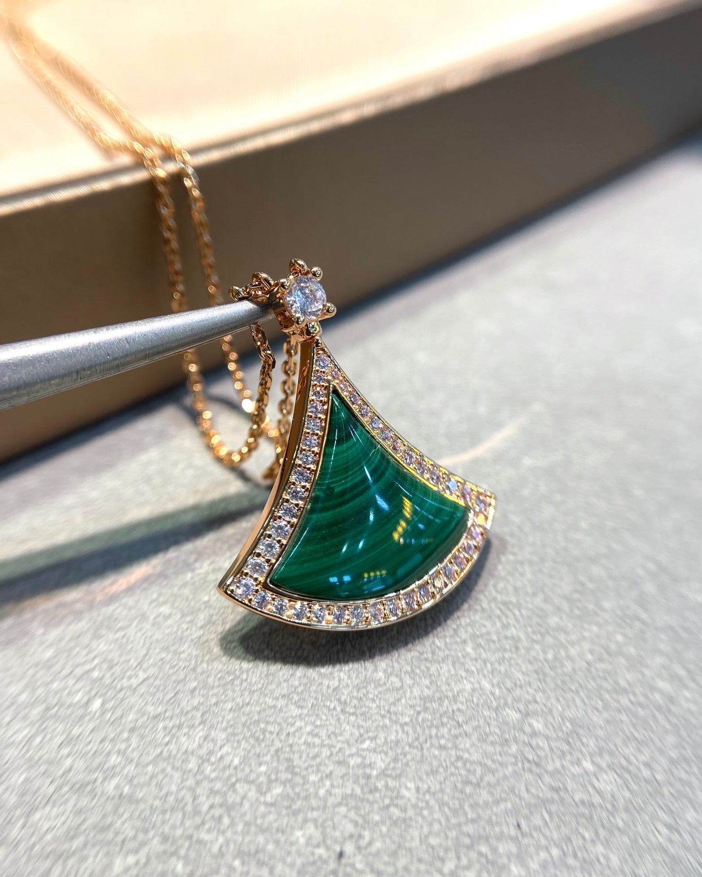 [Panda Jewelry]DREAM MALACHITE DIAMOND PAVED PINK GOLD NECKLACE