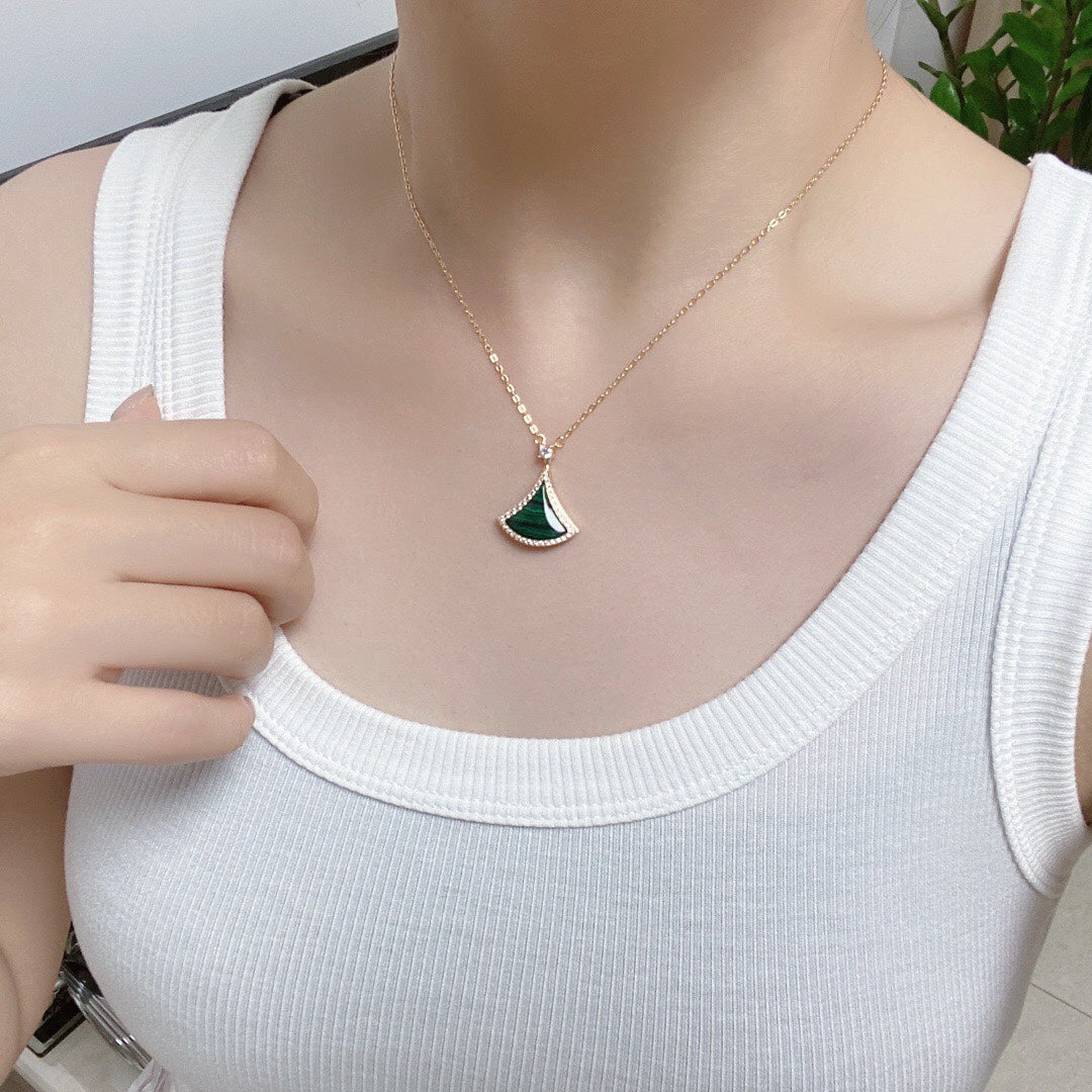 [Panda Jewelry]DREAM MALACHITE DIAMOND PAVED PINK GOLD NECKLACE