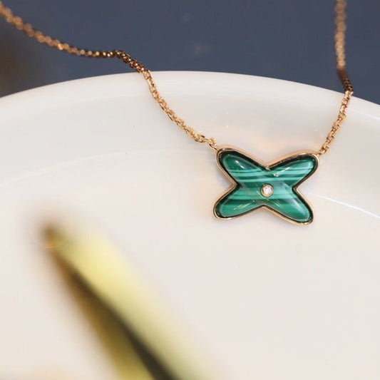 [Panda Jewelry]JEUX MALACHITE 1 DIAMOND PINK GOLD NECKLACE
